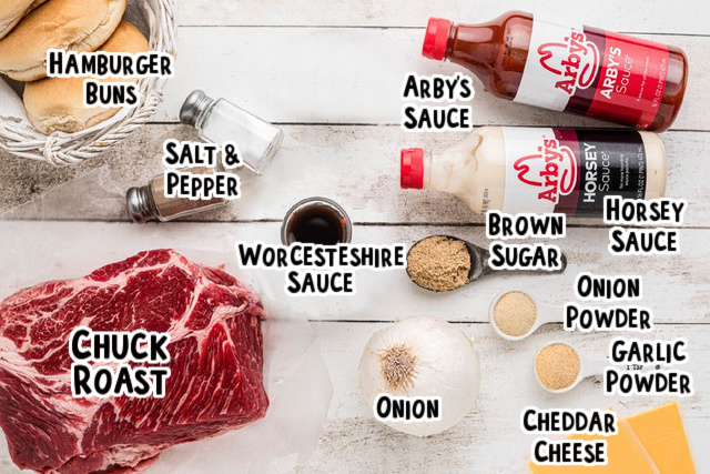 Ingredeints for arbys beef and cheddars on a table with text overlay.