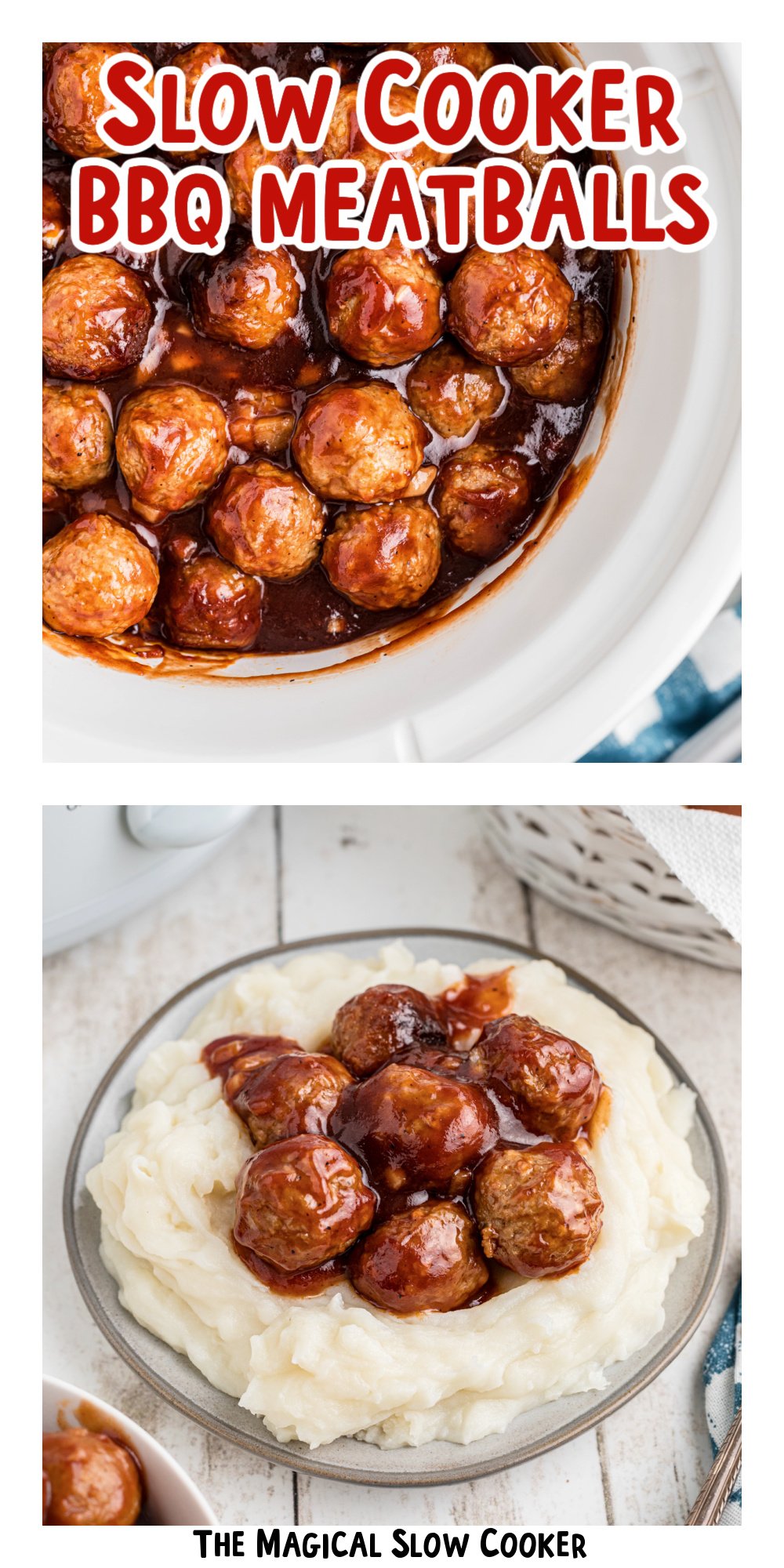 two images of slow cooker bbq meatballs with text overlay.