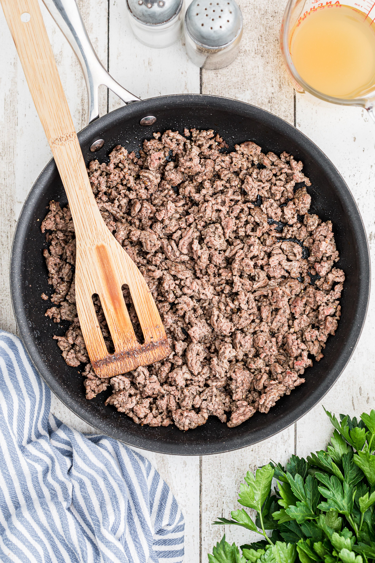cooked ground beef in a skillet.