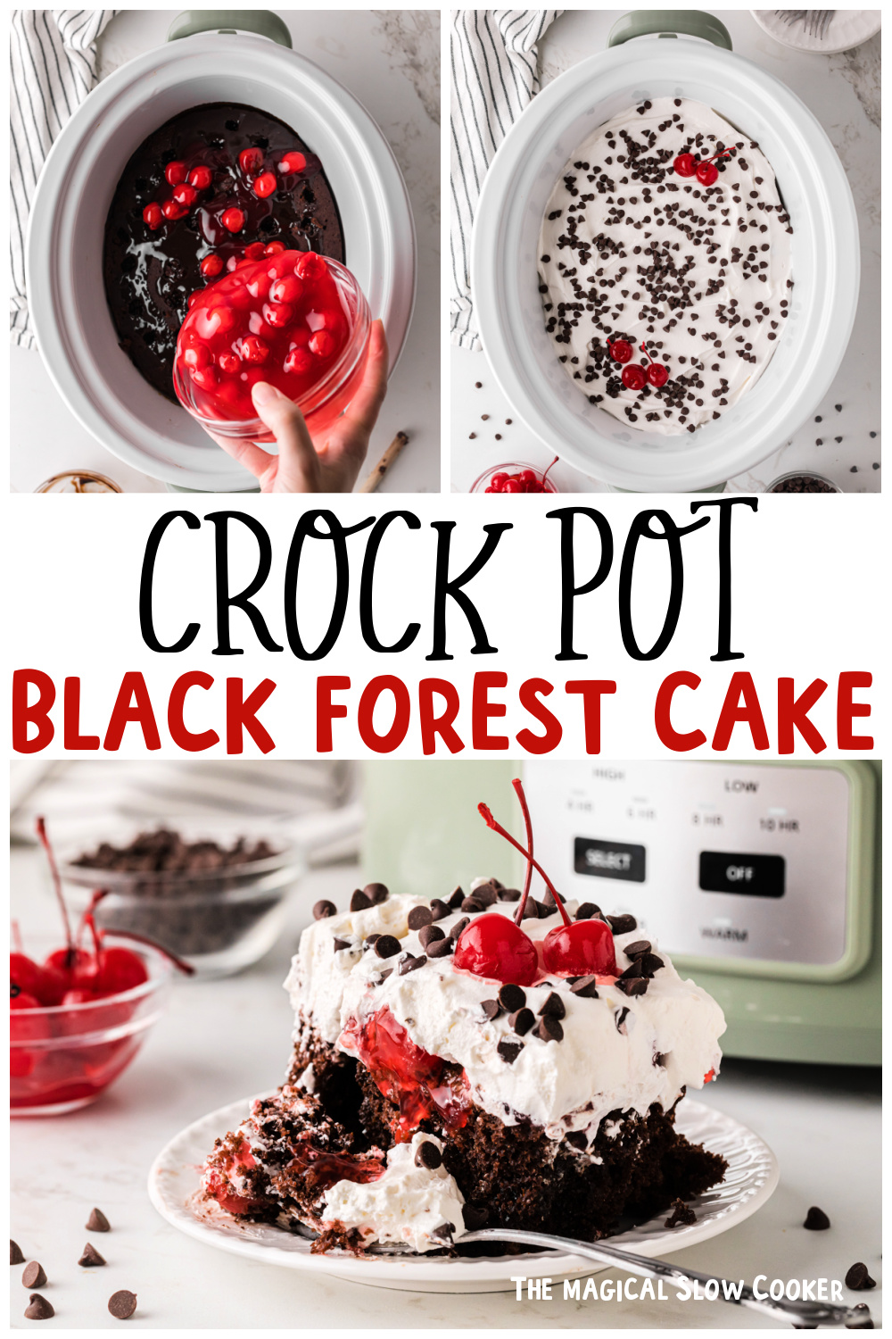 Three images of crockpot black forest cake for pinterest.