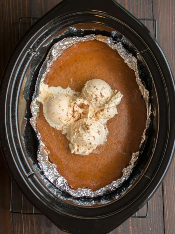 close up of crustless pumpkin pie in the slow cooker.