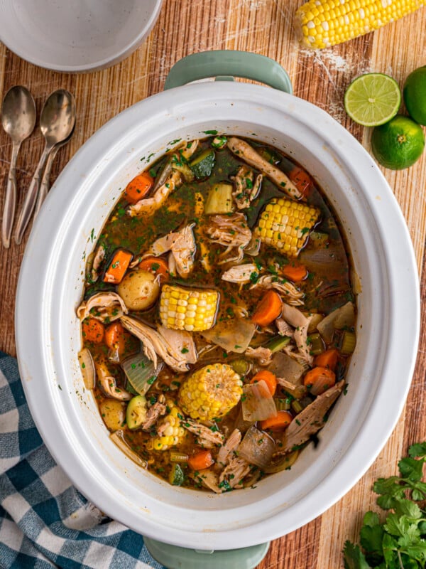 Caldo de pollo in a slow cooker.