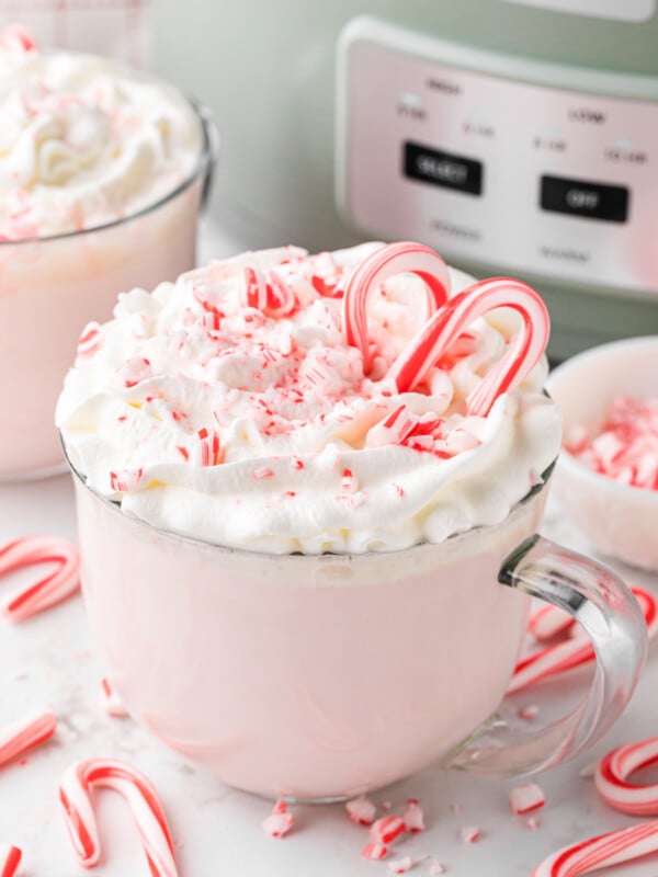 Slow cooker candy cane hot chocolate in a mug with candy canes around it.