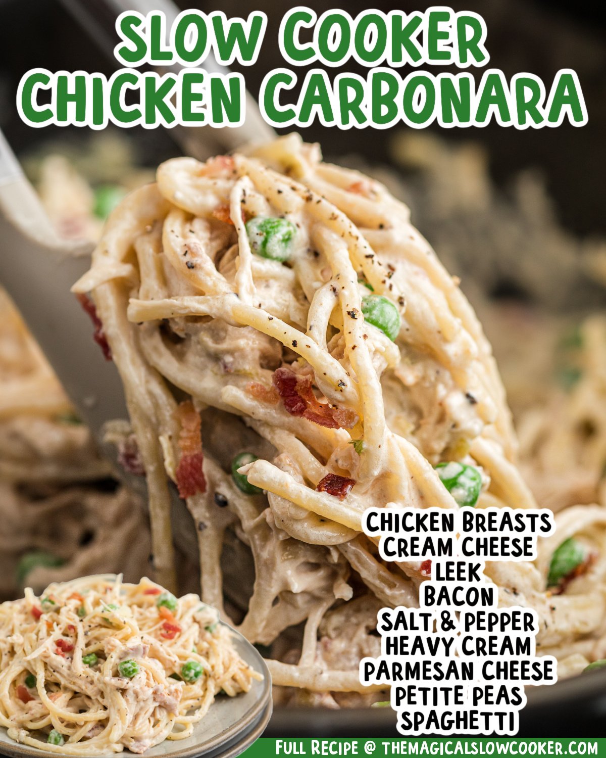 Two images of slow cooker chicken carbonara with text list of ingredients.