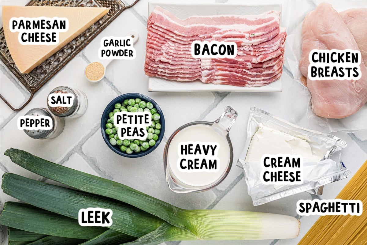 Ingredients for slow cooker chicken carbonara on a table.