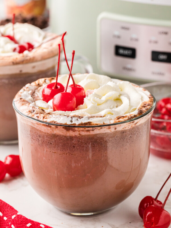 Slow cooker chocolate covered cherry hot chocolate in a mug.