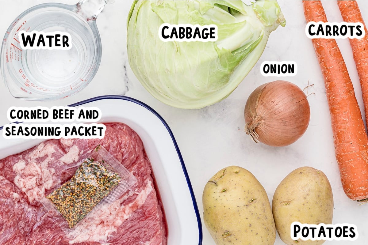 ingredients for corned beef and cabbage on a table.