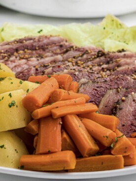 close up of slow cooker corned beef and cabbage