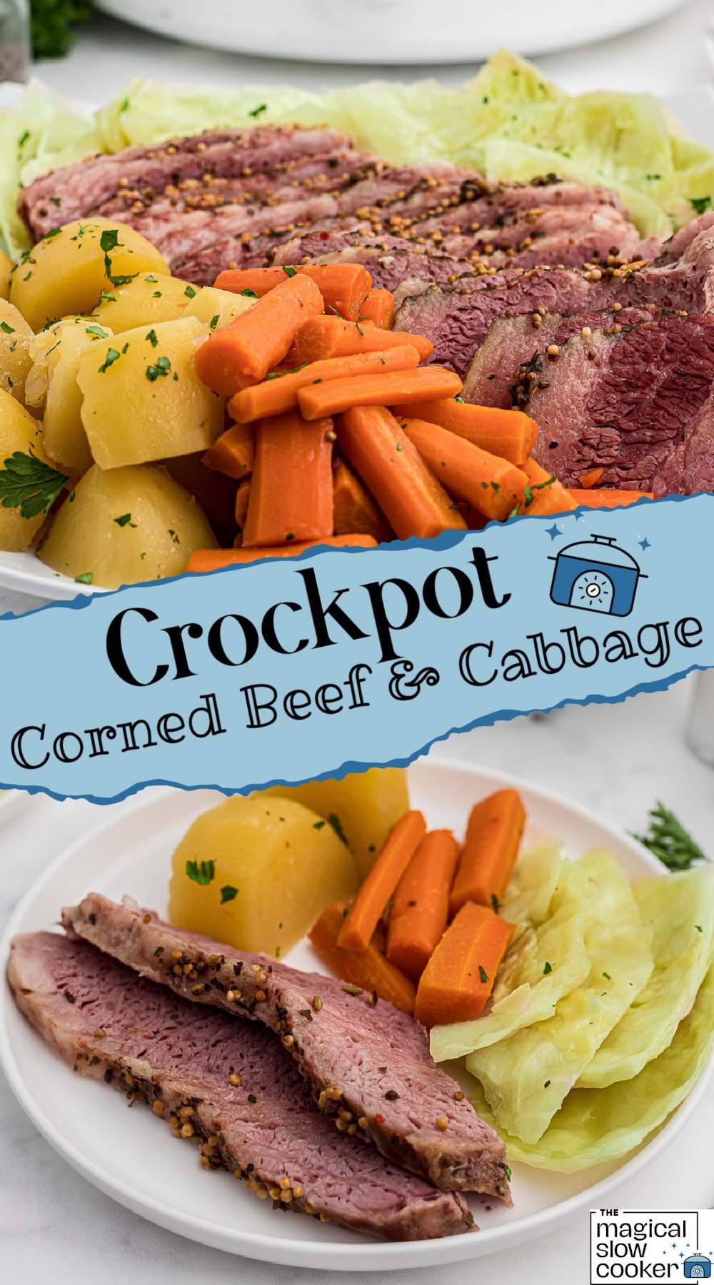corned beef and cabbage on a platter and plate.