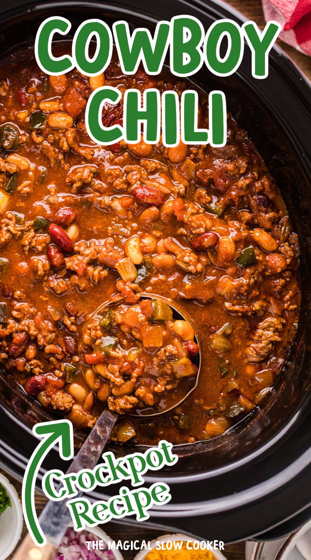 Long image of cowboy chili in a slow cooker with text overlay.