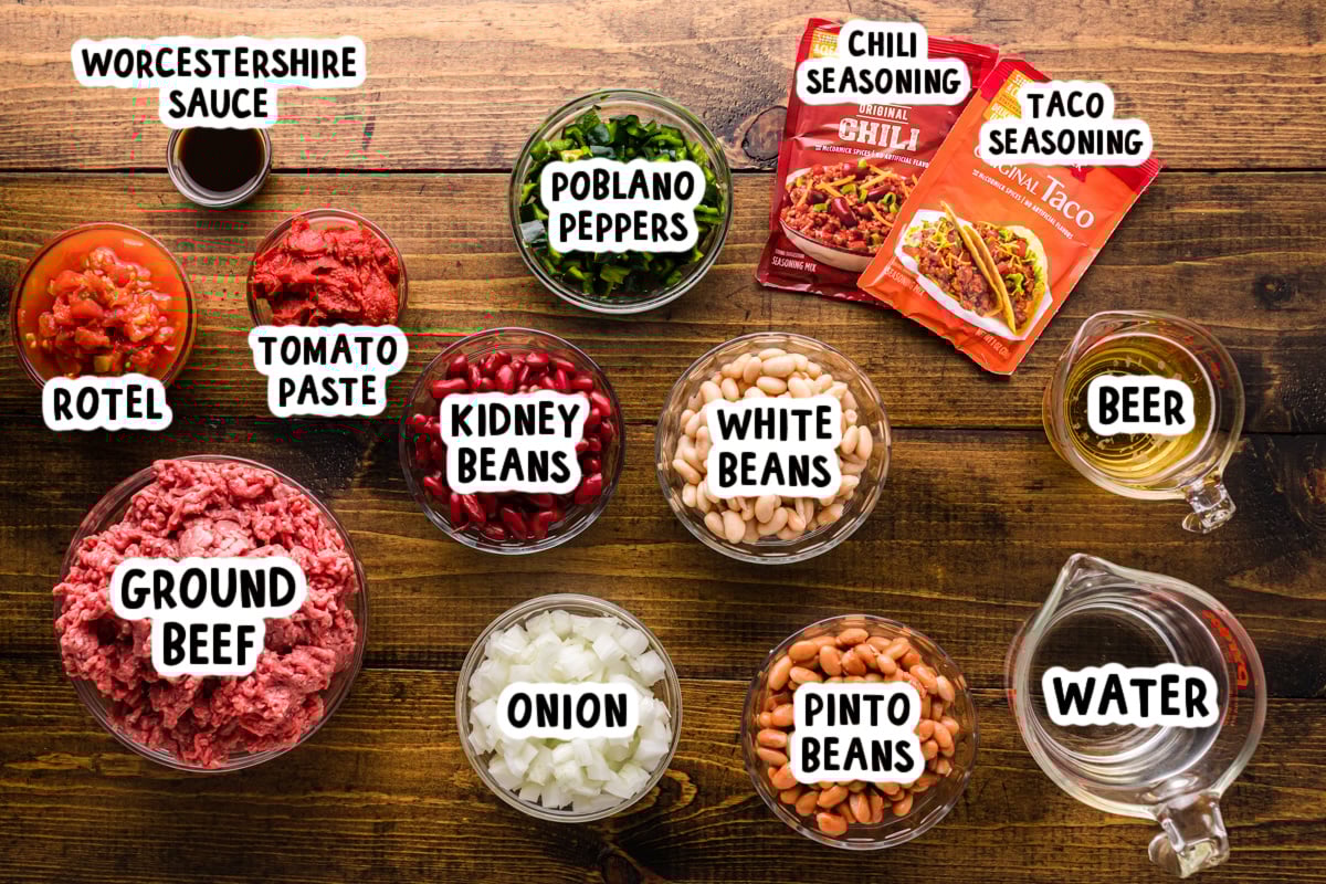 Ingredients for cowboy chili on a table.
