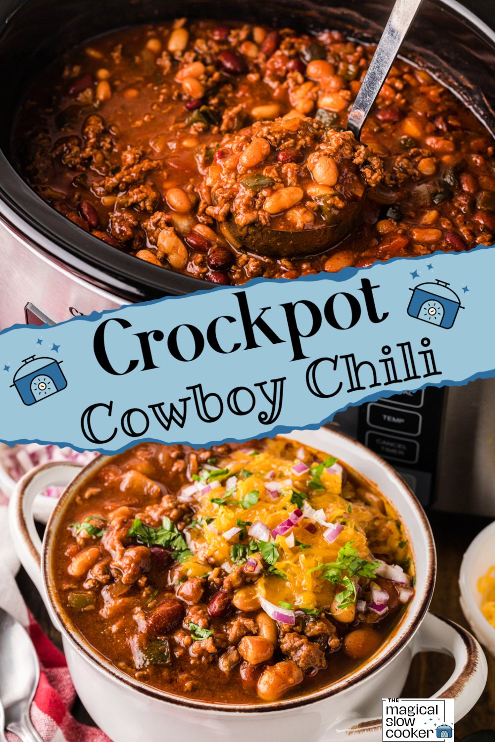 Two images of crockpot cowboy chili with title text overlay.