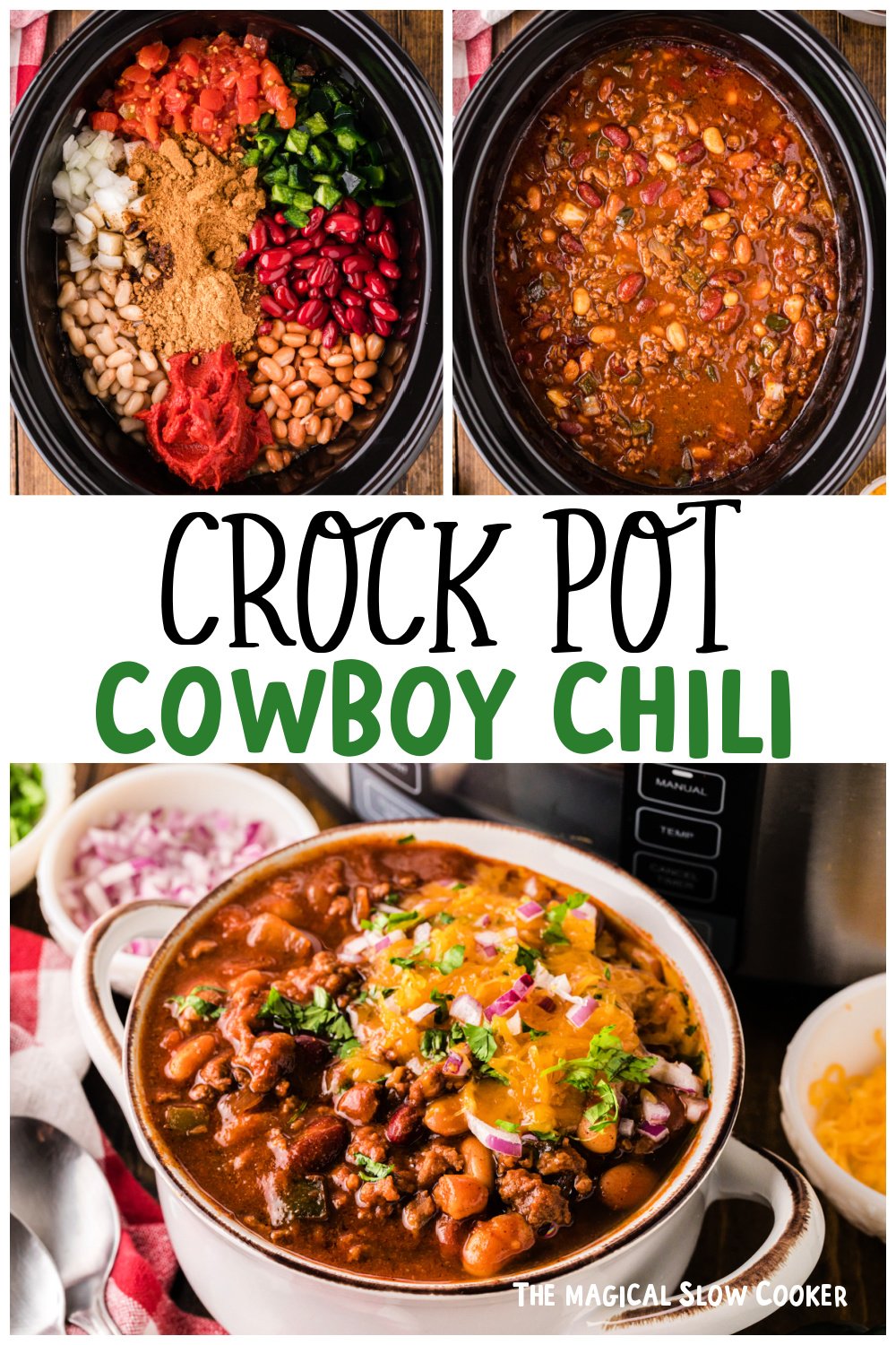 Three images of cowboy chili for pinterest.