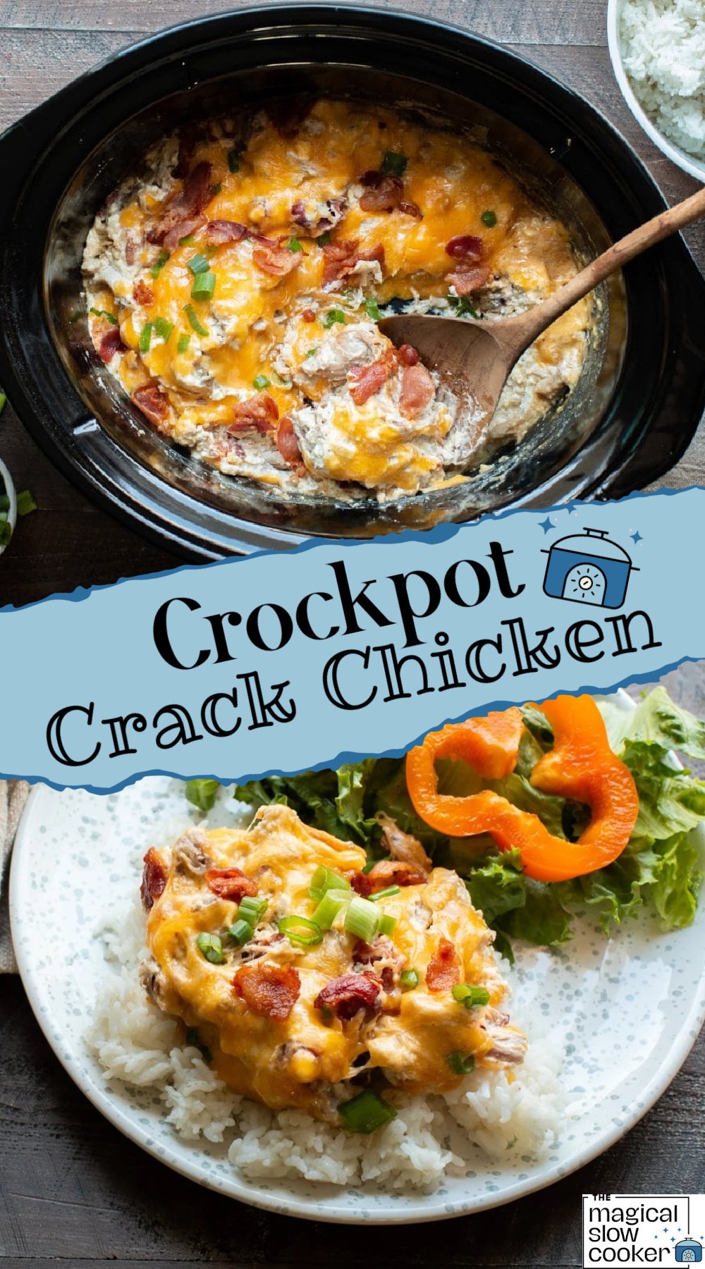 2 images of cooked crack chicken for pinterest.
