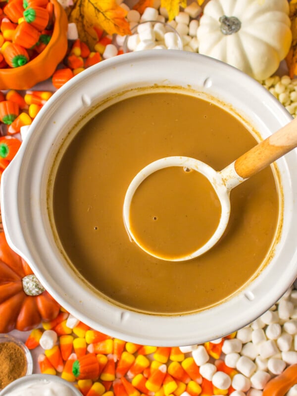 pumpkin spice lattes in a slow cooker with a ladle.