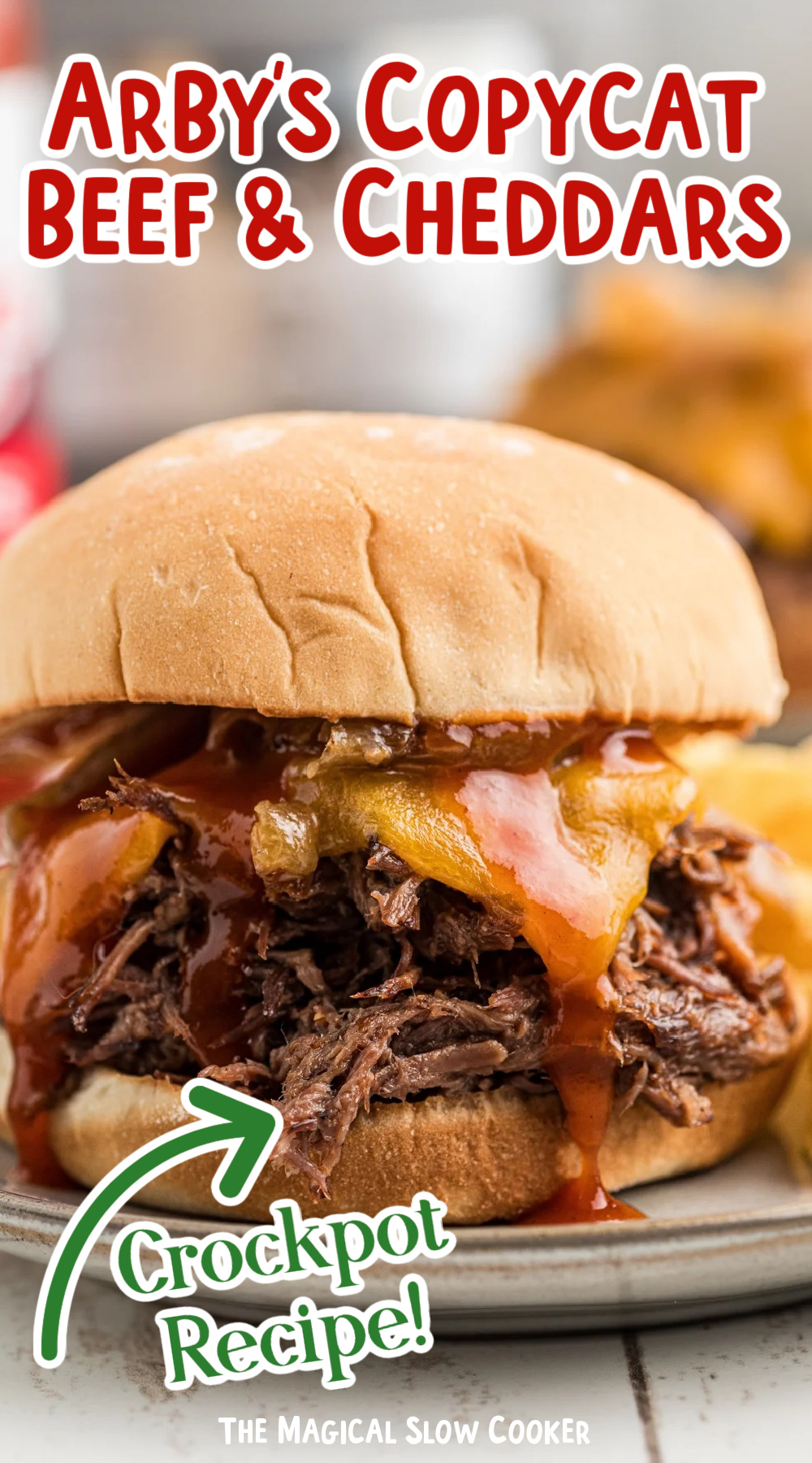 an arbys style sandwich with text overlay.