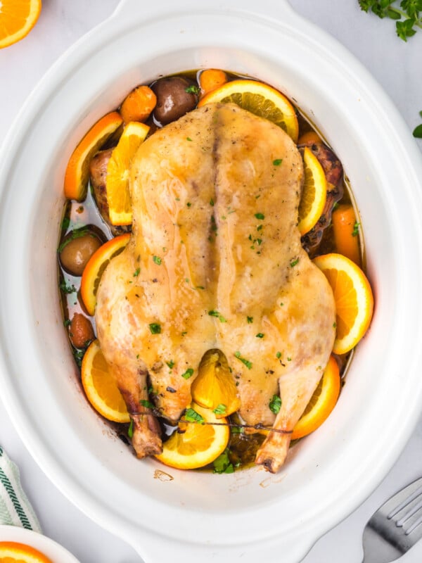 Whole duck in a crockpot after cooking.