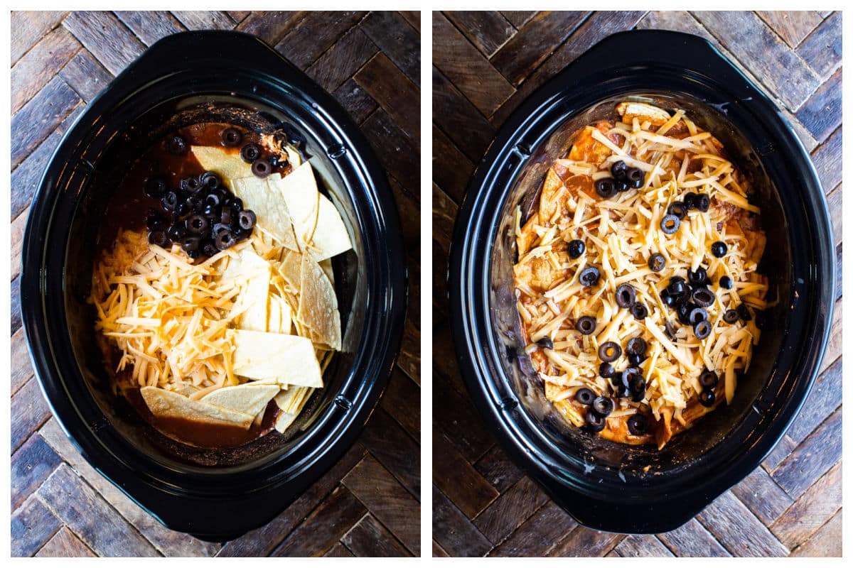 2 photo collage of enchilada casserole being assembled