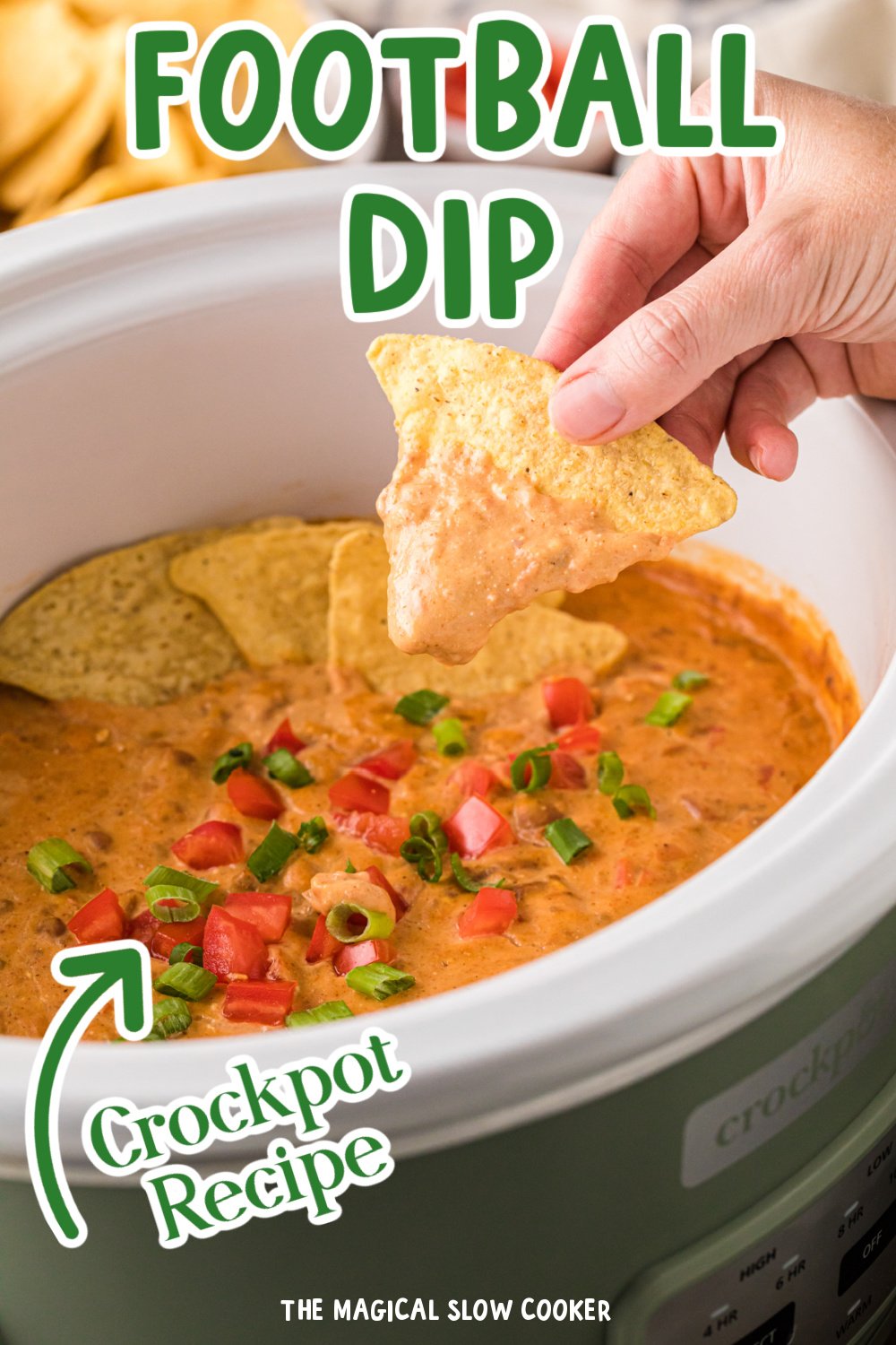 Long image of crockpot football dip with text overlay.
