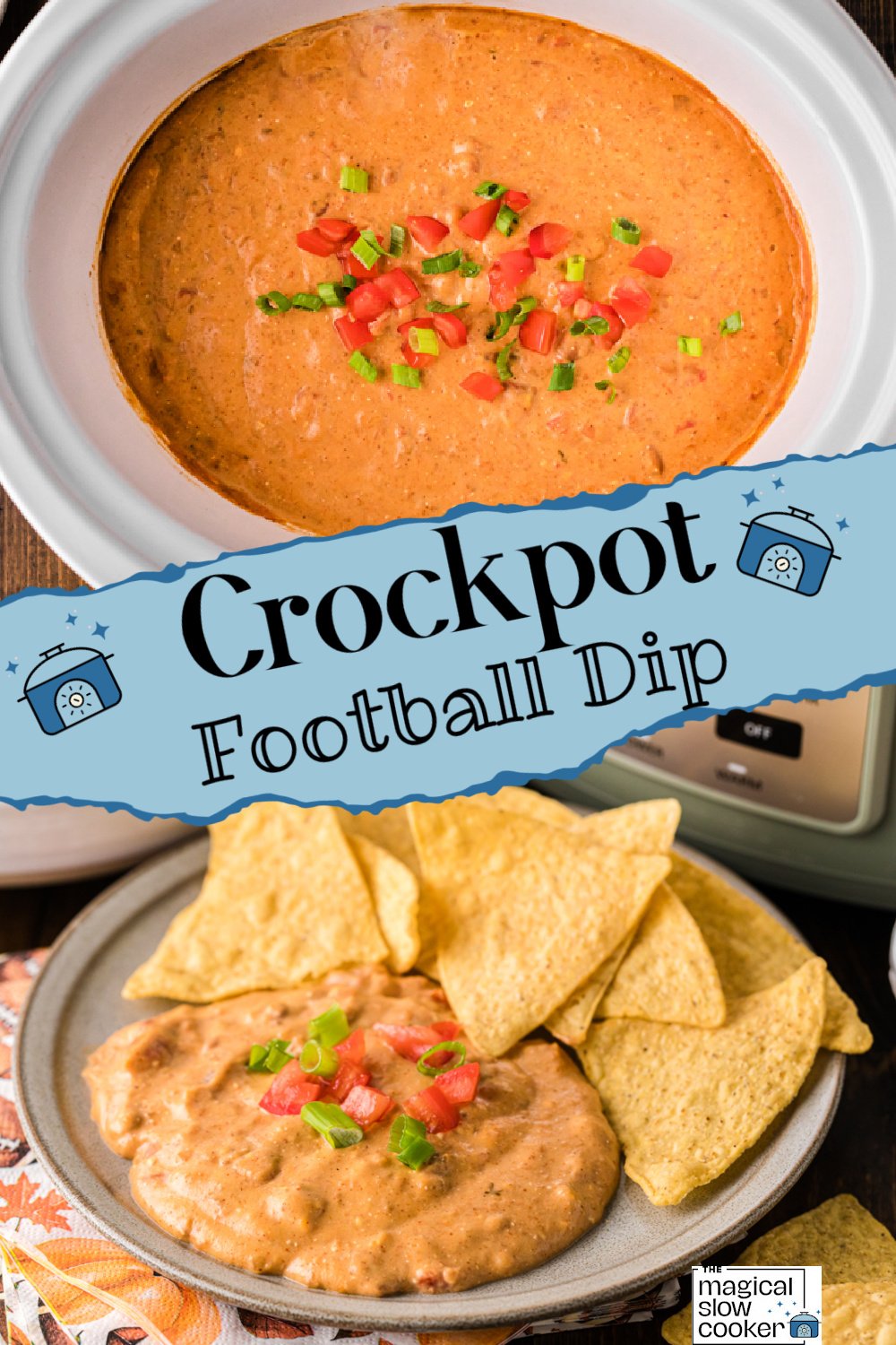 Two images of crockpot football dip with title text overlay.