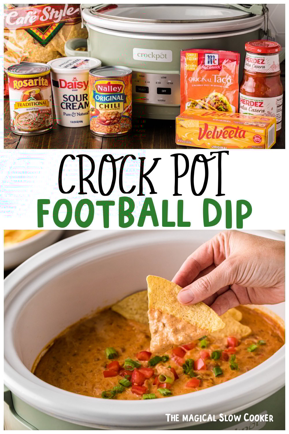 Two images with football dip ingredients and in a crockpot for pinterest.