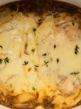 Cheesy onion chicken in a crockpot.