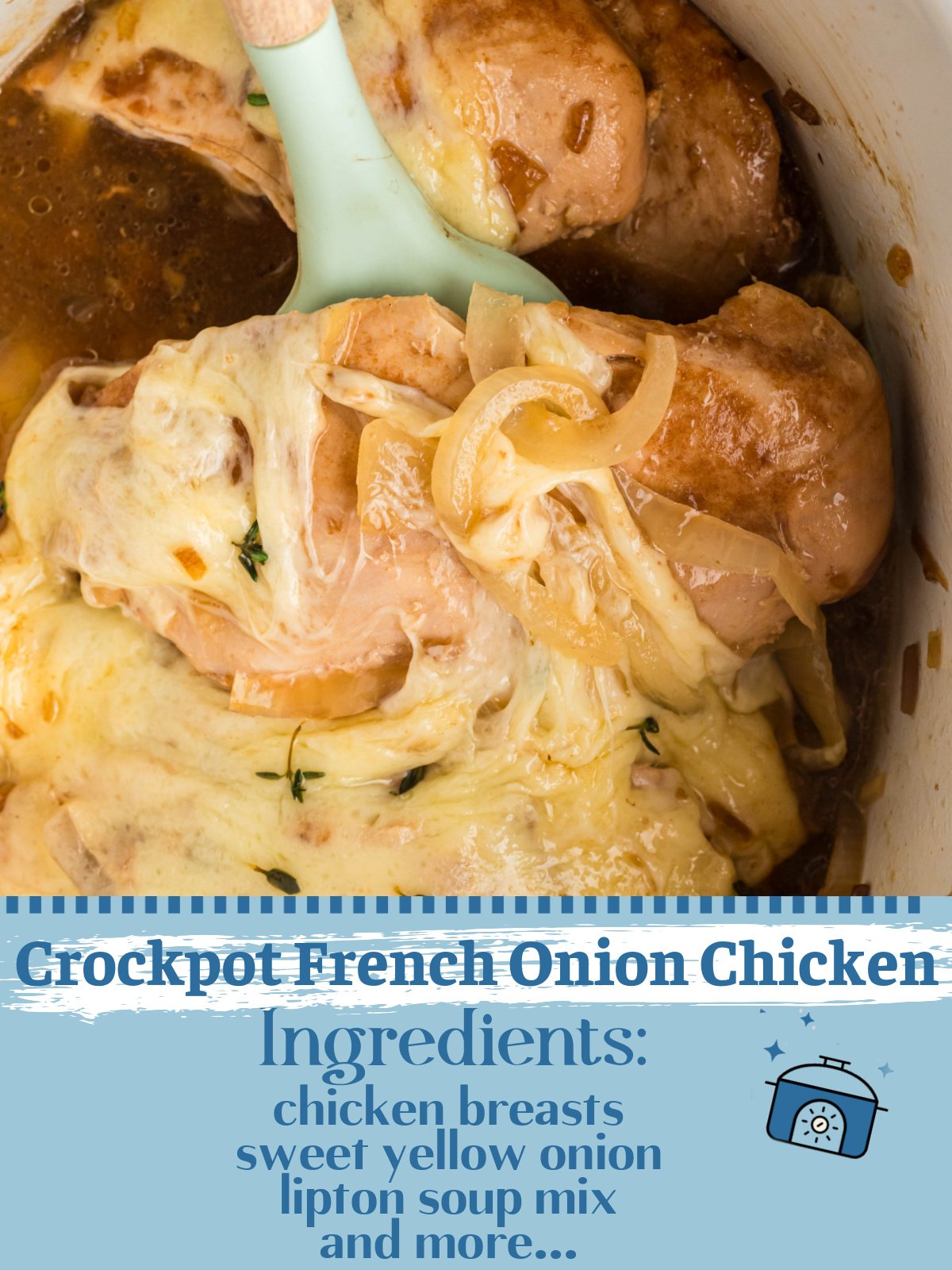 french onion chicken in a slow cooker with text overlay of ingredients.