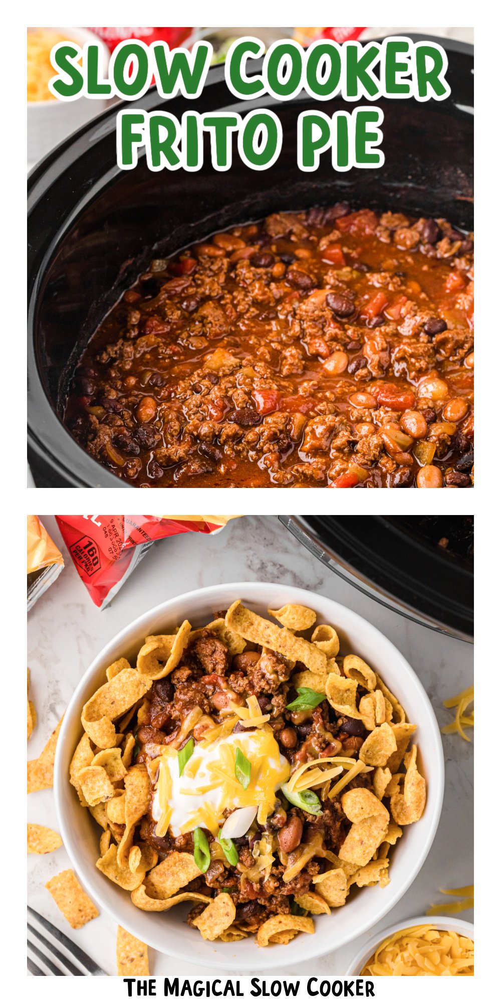 two images of slow cooker frito pie with text title overlay.