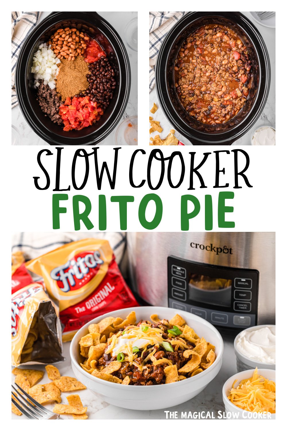 three images of slow cooker frito pie for pinterest.