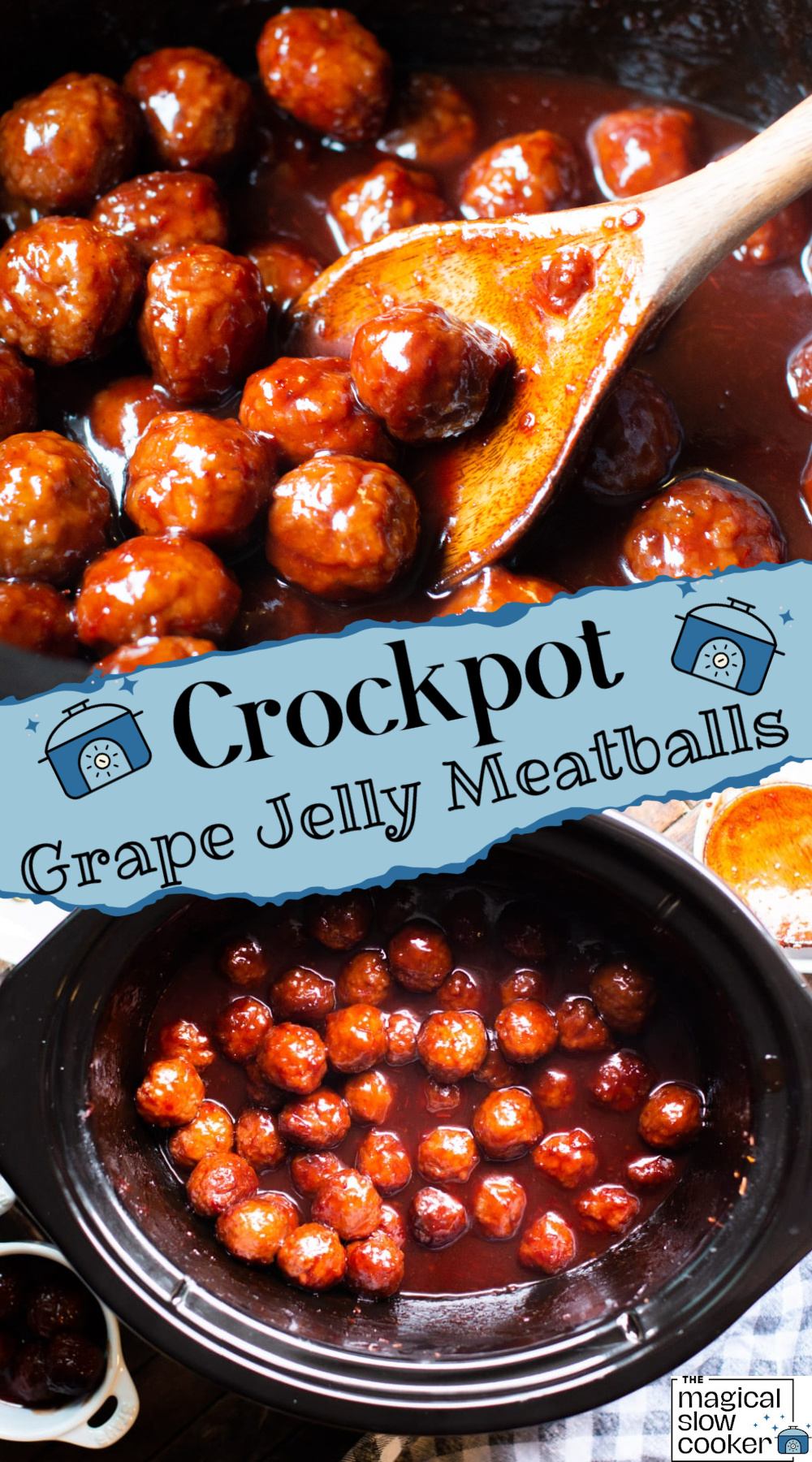 2 images of grape jelly meatballs in a crockpot.