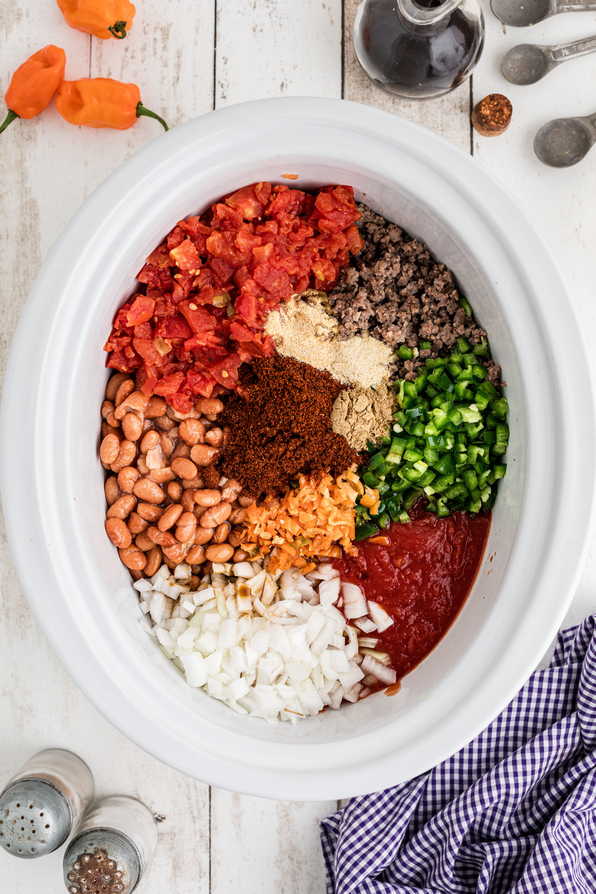 Ingredients for slow cooker habanero chili in a crockpot.