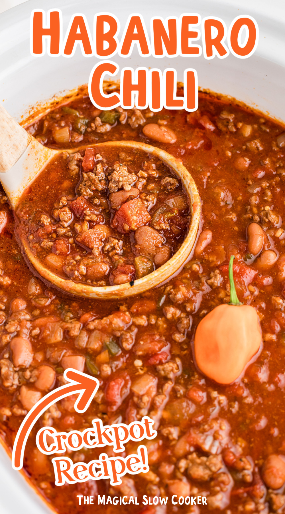 image of chili in a slow cooker with a habanero on top with text over lay.