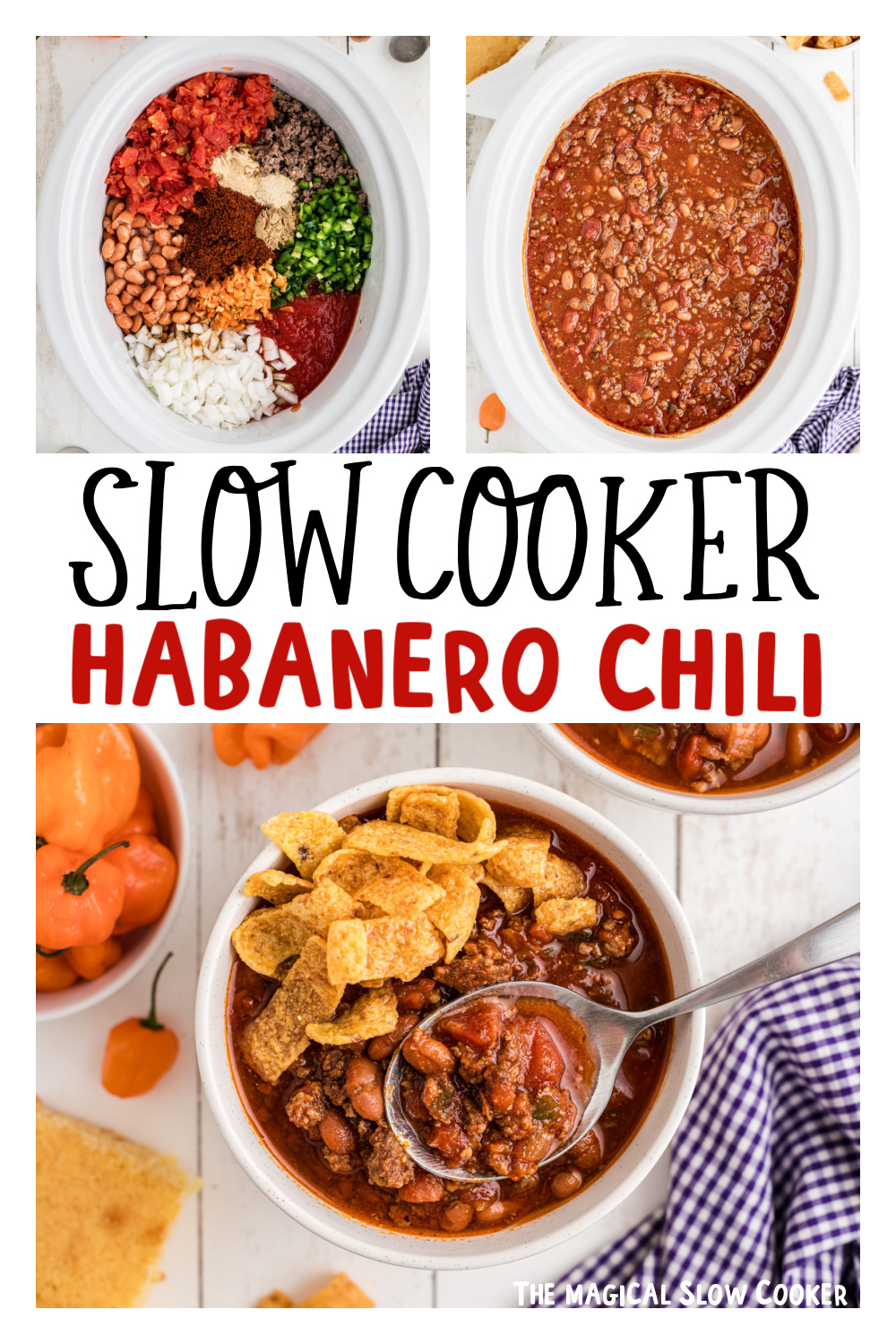 Three images of slow cooker habanero chili for pinterest.