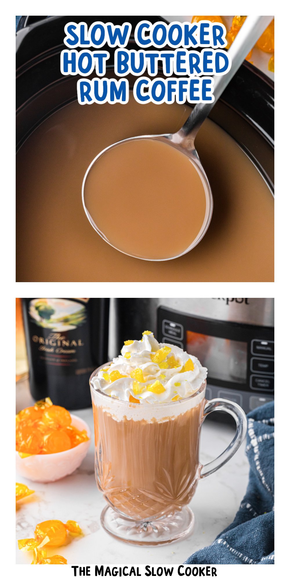 Two images of slow cooker hot buttered rum coffee with text title overlay.