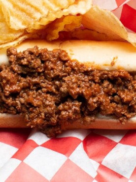 close up of a chili dog