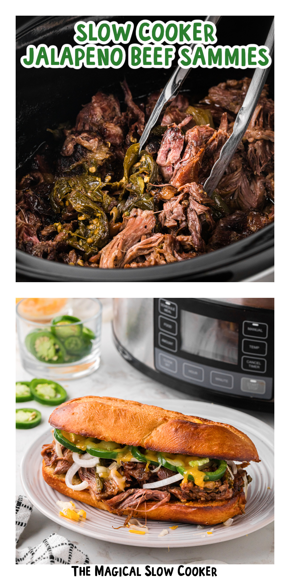 Two images of slow cooker jalapeno beef sammies with text title overlay.