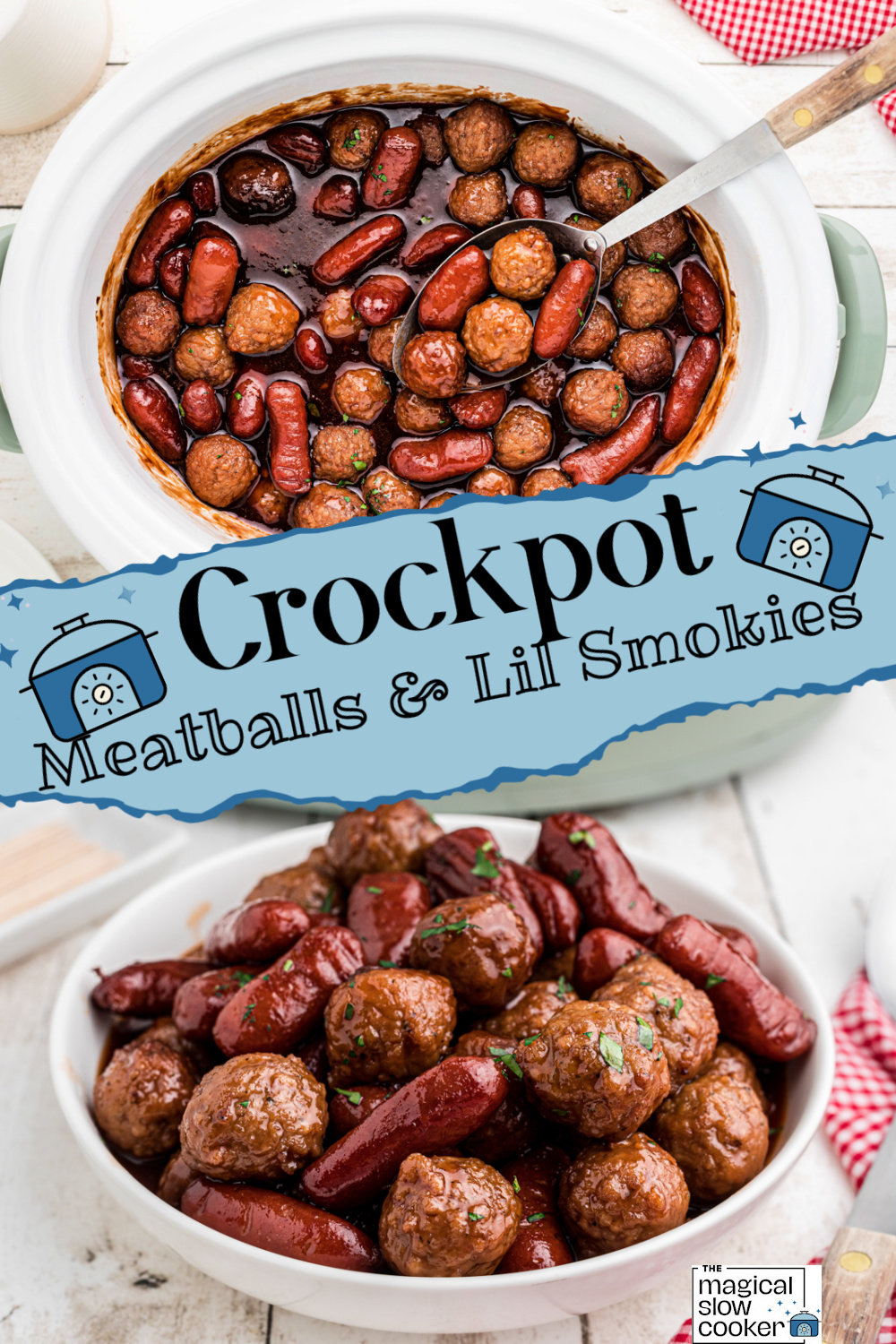meatballs and little smokies in bowl and crockpot.
