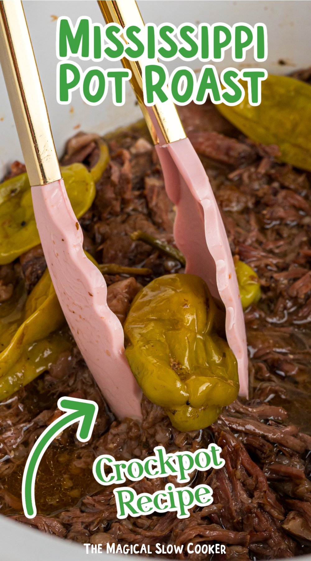 mississippi pot toast in a slow cooker with pink tongs.