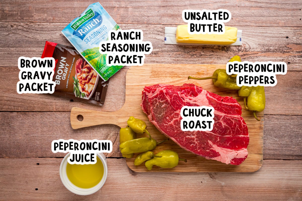 ingredients for slow cooker Mississippi pot roast on a table.