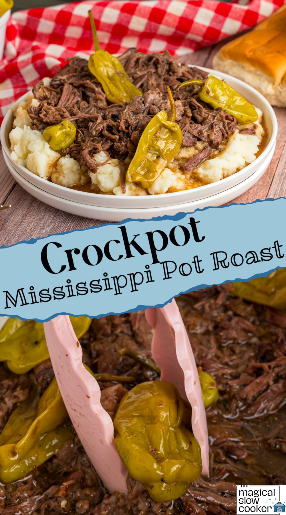 mississippi pot roast in a slow cooker with text ovelay on the image.