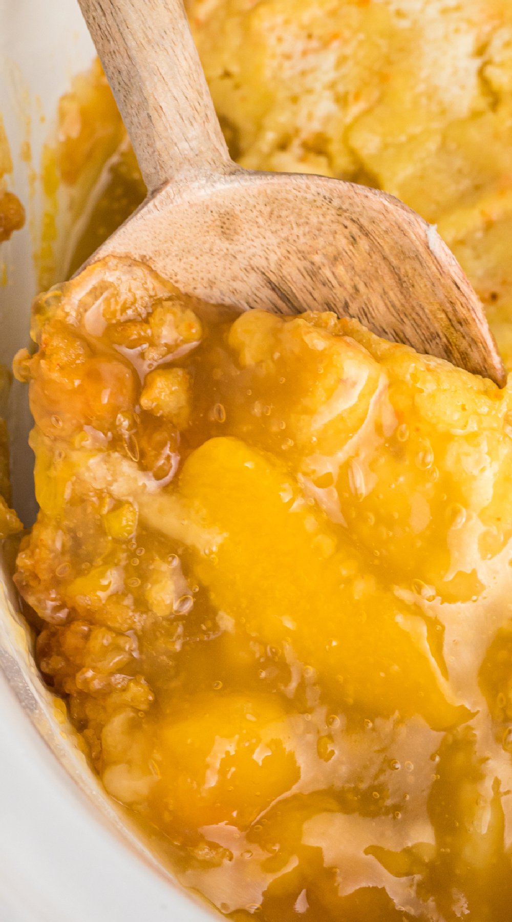 Close up of peach cobbler for pinterest.