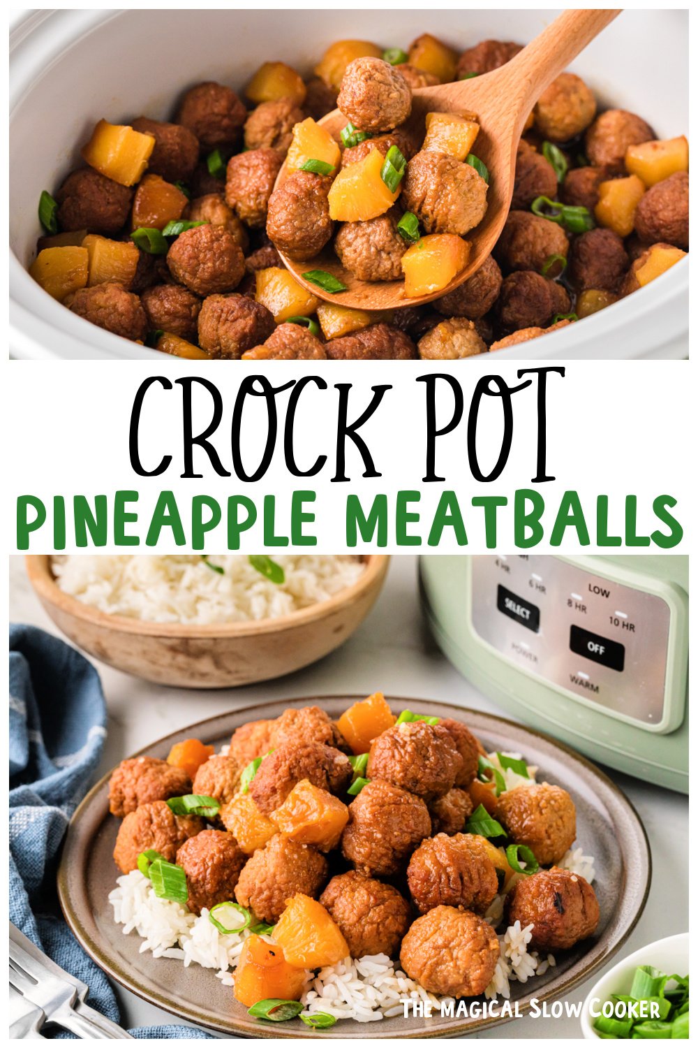 Two images of crockpot pineapple meatballs for pinterest.