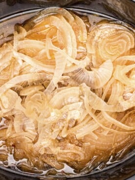 pork chops and onion in a black slow cooker.