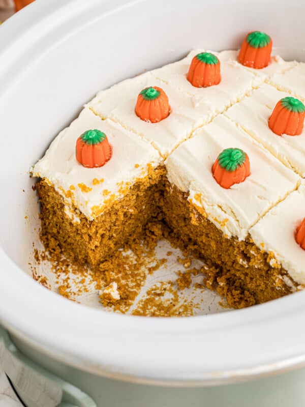Slow cooker pumpkin bars in a crockpot.