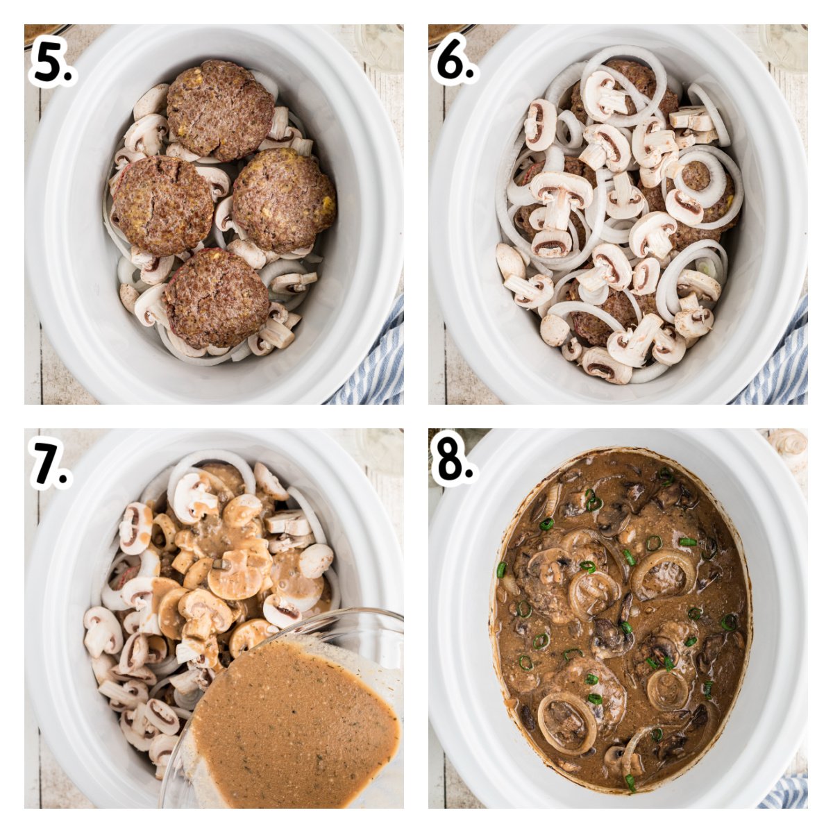 Four more images showing how to finish making salisbury steak in a slow cooker.