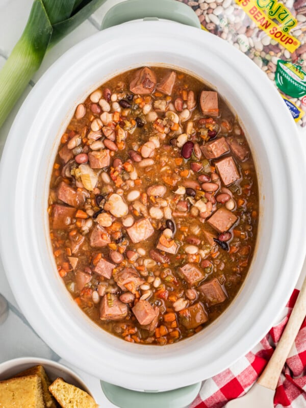 Slow cooker smoked turkey cajun 15 bean soup after cooking.