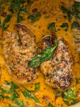 overhead shot of slow cooker tuscan chicken.