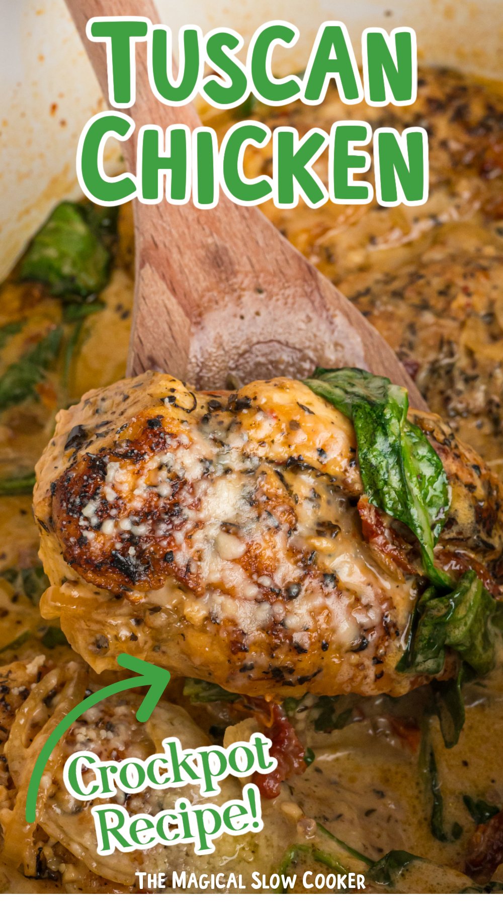 tuscan chicken on a spatula with text ovelay.