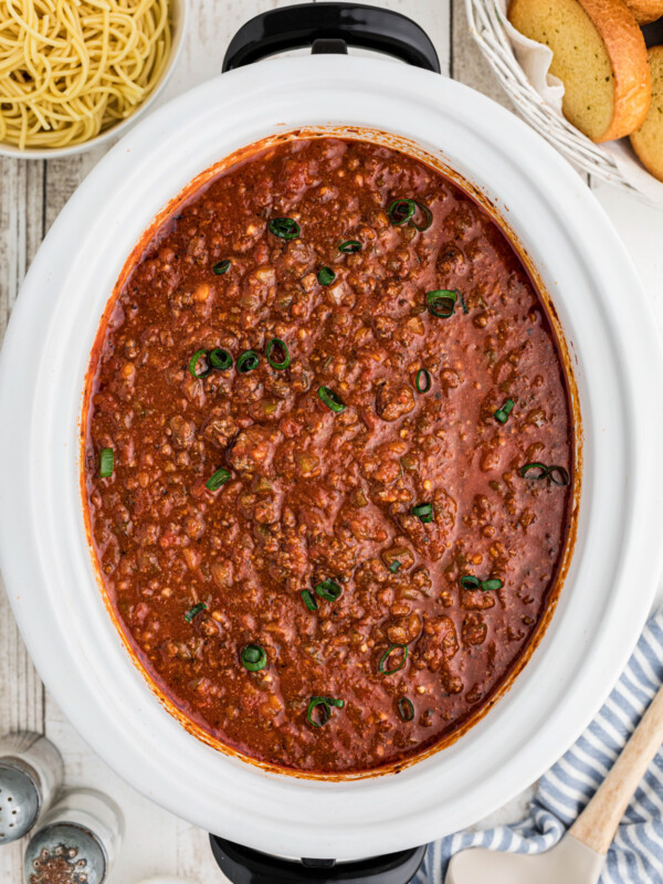 Overhead shot of venison spaghetti sauce.
