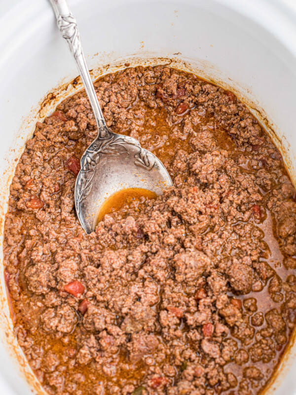 venison taco meat in a slow cooker.